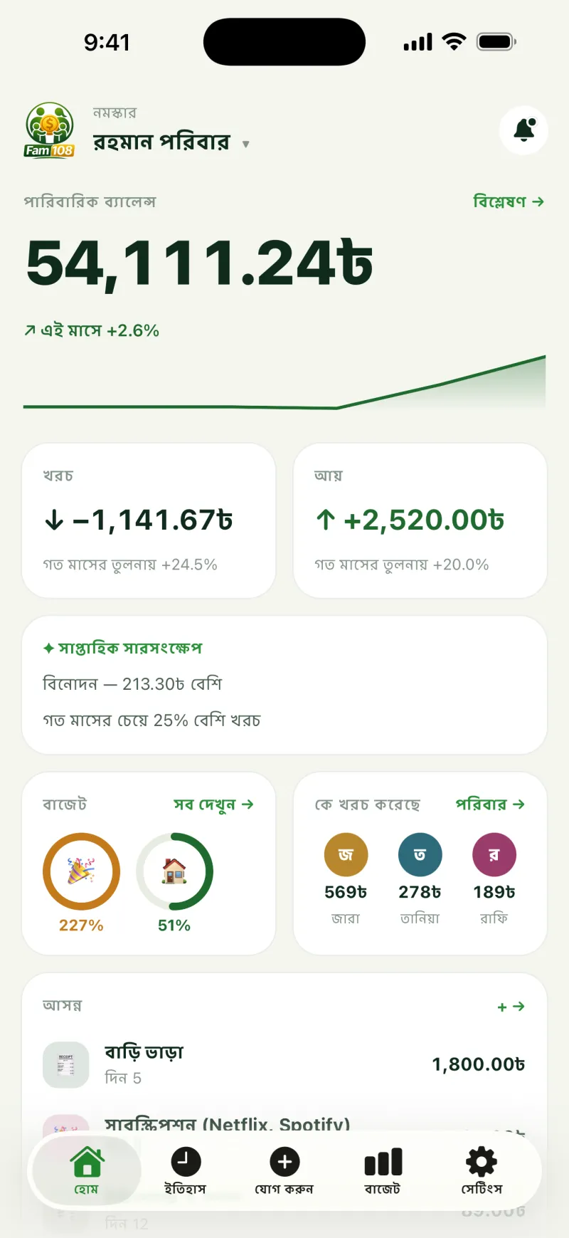 iPhone-এ Fam108-এর হোম স্ক্রিন: পরিবারের ব্যালেন্স, মাসের খরচ ও আয়, বাজেটের রিং এবং কে কত খরচ করেছে