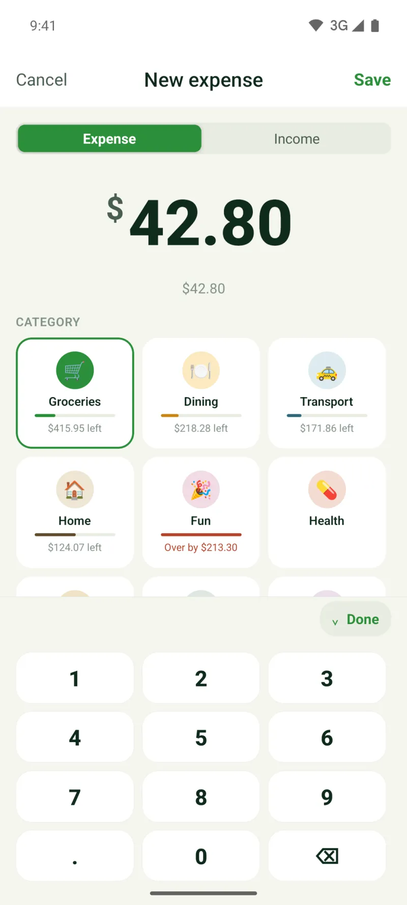 New expense screen: the amount, with what's left in each category right under its icon