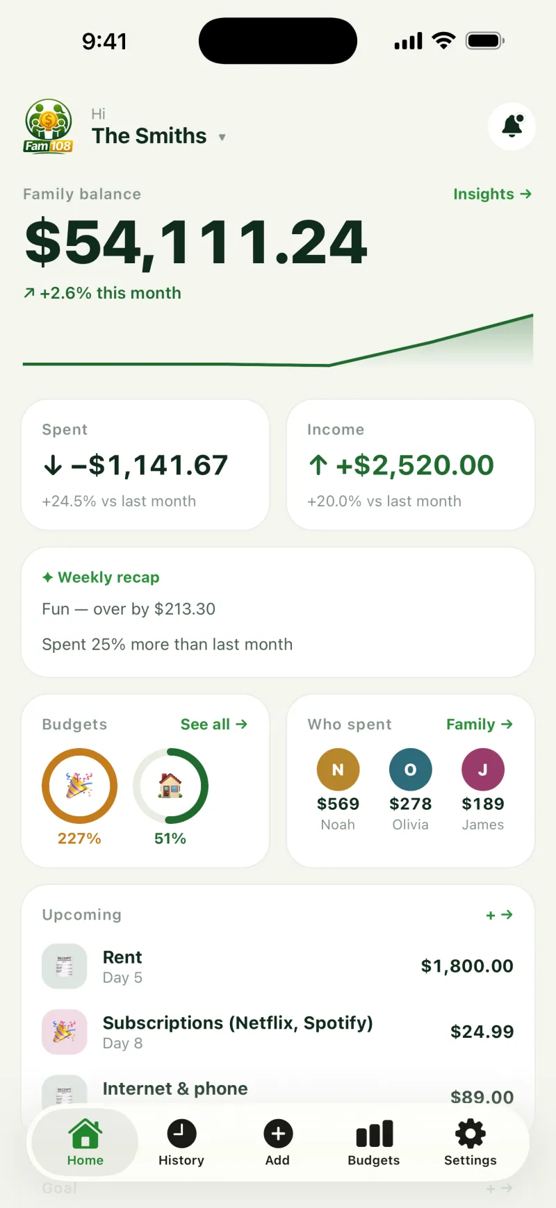 Fam108 home screen on iPhone: family balance, spending and income for the month, budget rings and who spent how much