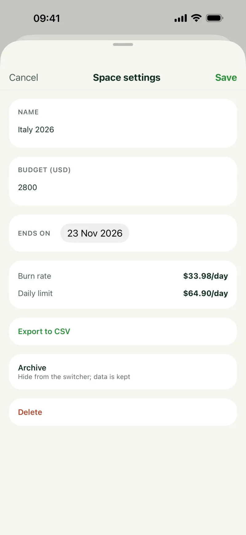Trip settings: budget, end date, burn rate and daily limit