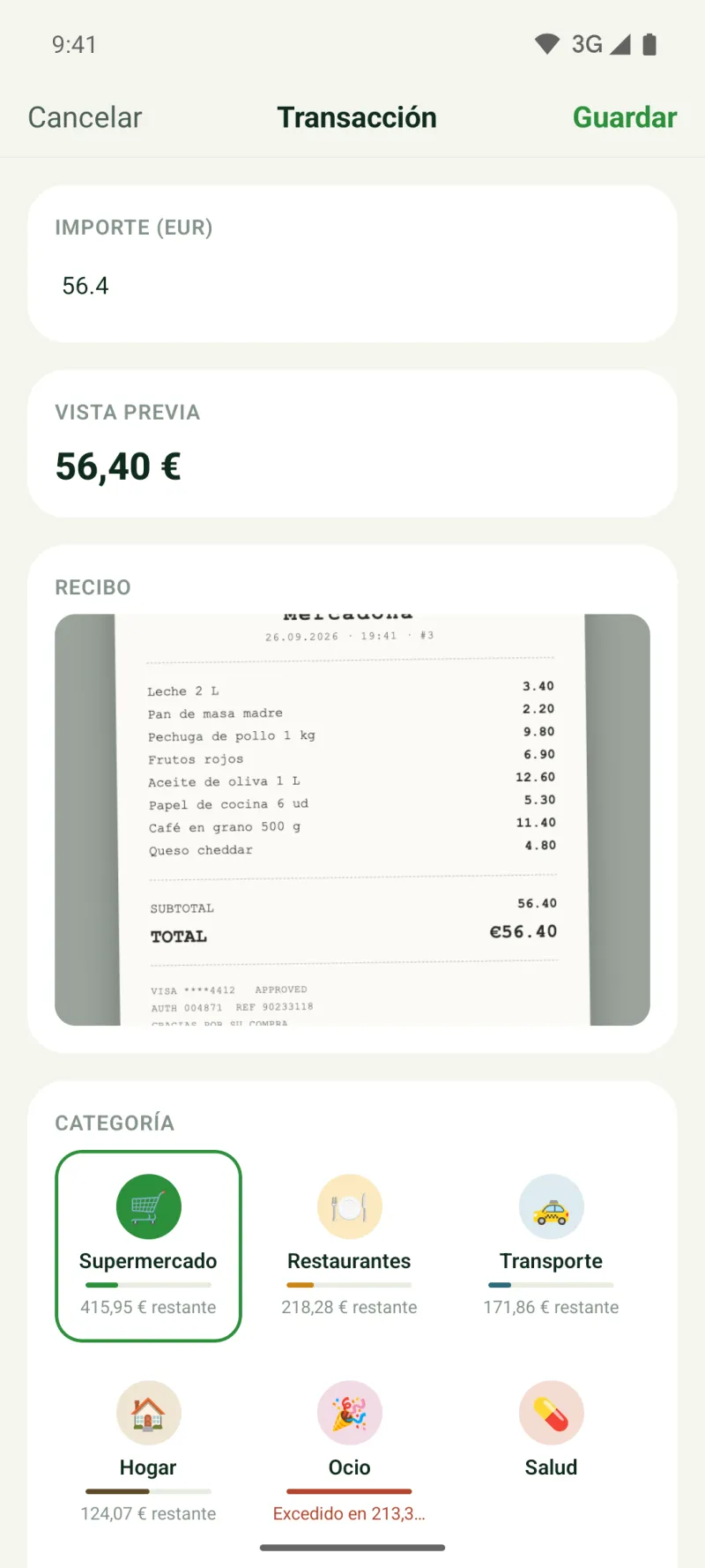 Ficha de un gasto con la foto del recibo adjunta