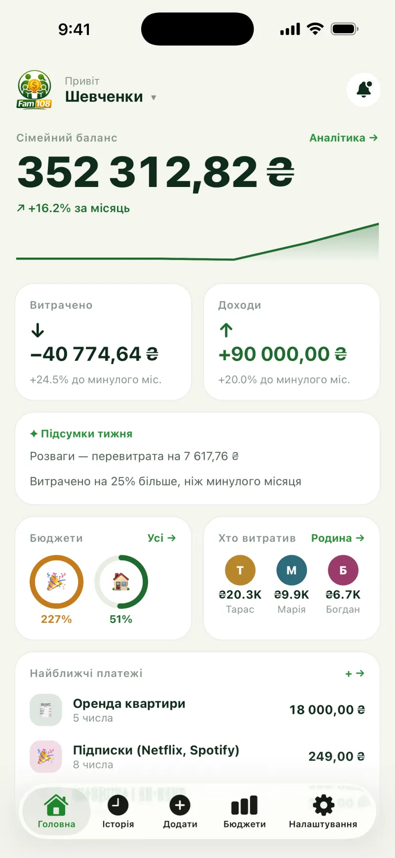 Головний екран Fam108 на iPhone: баланс сім’ї, витрачено і дохід за місяць, кільця бюджетів і хто скільки витратив